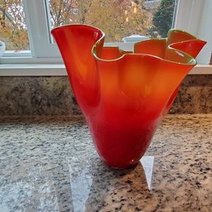 Red and green fluted glass vase